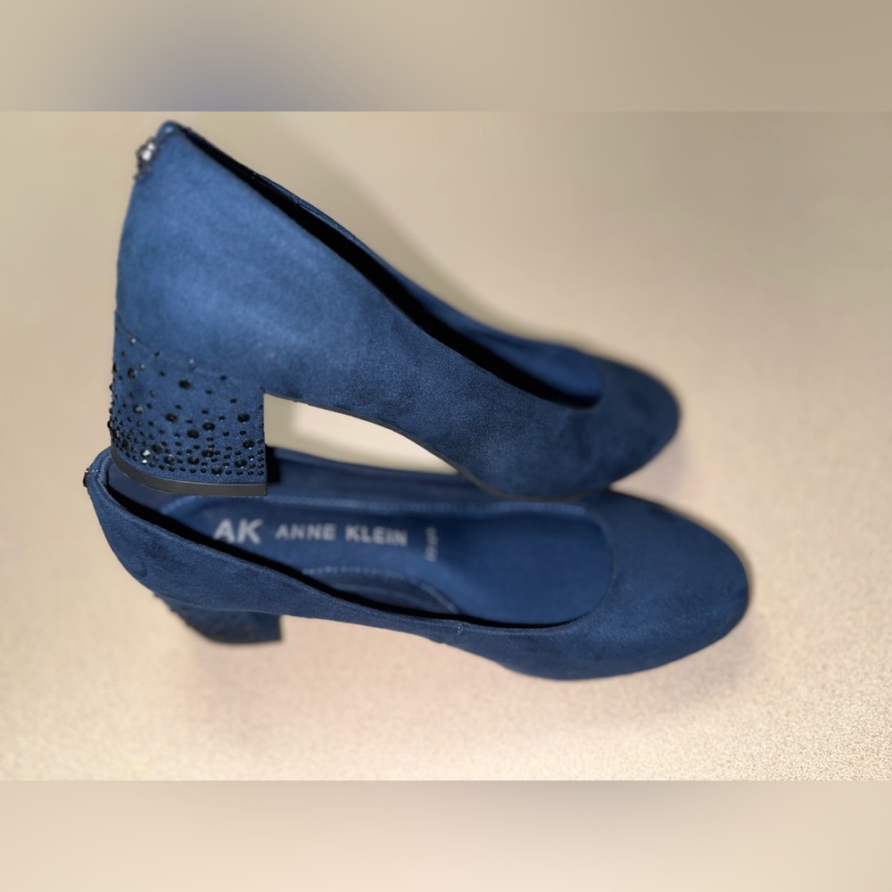Anne Klein Navy Suede Heels with Embellished Block Heel